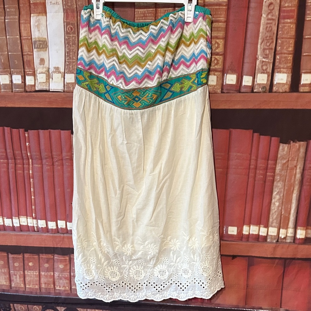 Flying Tomato Boho Chevron Smocked Eyelet Midi Dress Cream Multicolor M